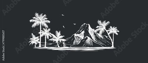 mountain landscape with palm trees vector sketch on black background. tropical mountain landscape with palm trees and ovean vector sketch on black chalk background