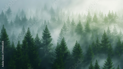 Pine forest with fog after rain