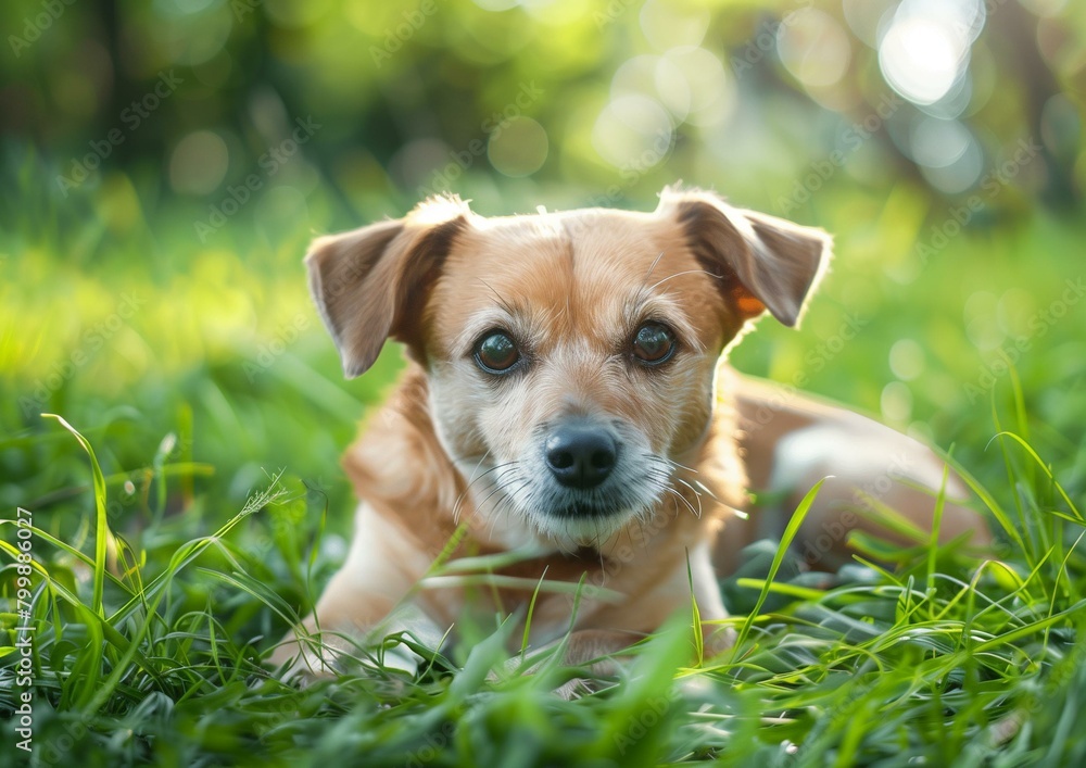 Adorable Small Dog Relaxing on Green Grass in Sunlit Garden Adorable Small Dog Relaxing on Green Grass in Sunlit Garden