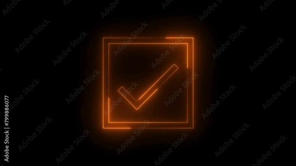 Neon glowing brown color check mark box icon on black background animation Neon glowing brown color check mark box icon on black background animation
