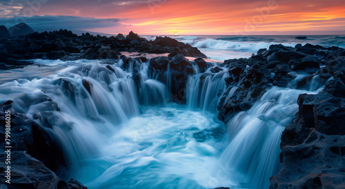 Dramatic Sunset Over Rugged Coastal Waterfall 