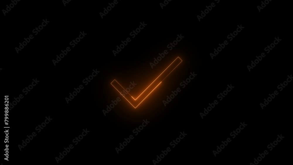 Neon glowing brown color check mark icon on black background animation Neon glowing brown color check mark icon on black background animation