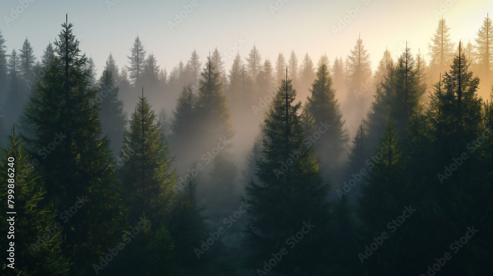 the pine tree forest is illuminated by the afternoon light