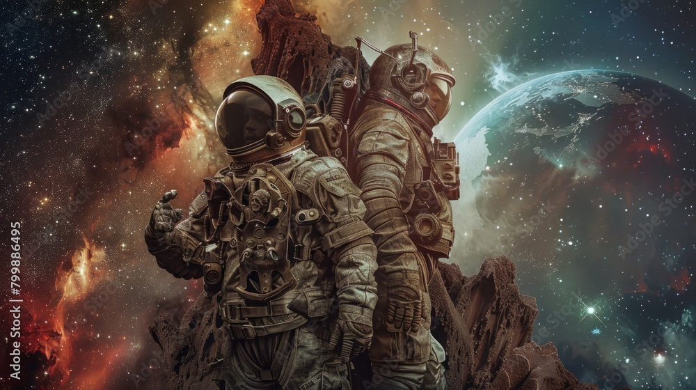 Obraz premium Russian cosmonauts, ancient gods, and alien robots stand back to back against the backdrop of outer space. starry sky