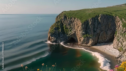Video animation of  coastal cove features a secluded beach nestled between steep cliffs. The calm ocean gently laps against the shore, displaying varying shades of blue and green. photo