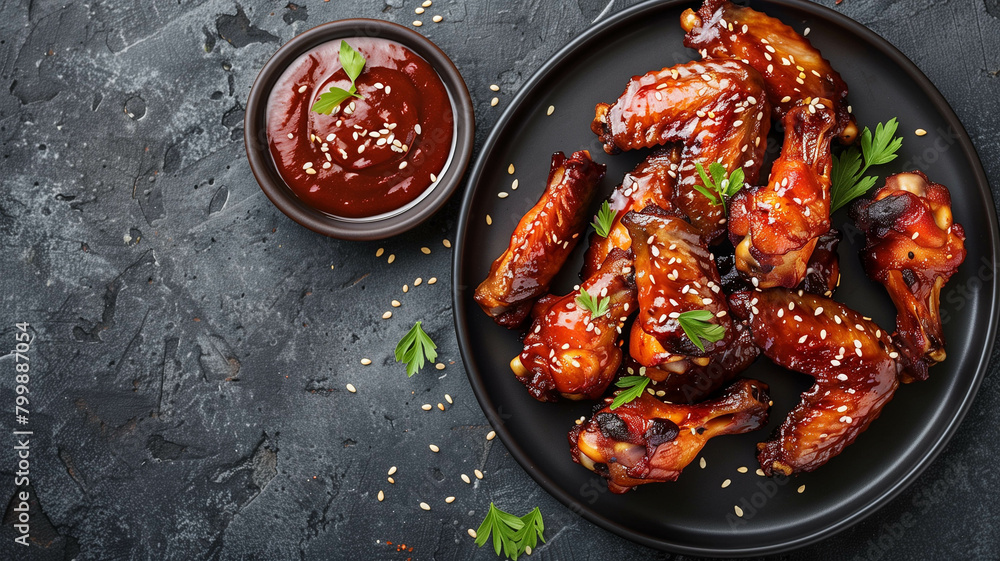 A mouthwatering array of BBQ chicken wings, glistening with sesame-infused sauce, served on a contemporary platter against a neutral backdrop. Ai generated