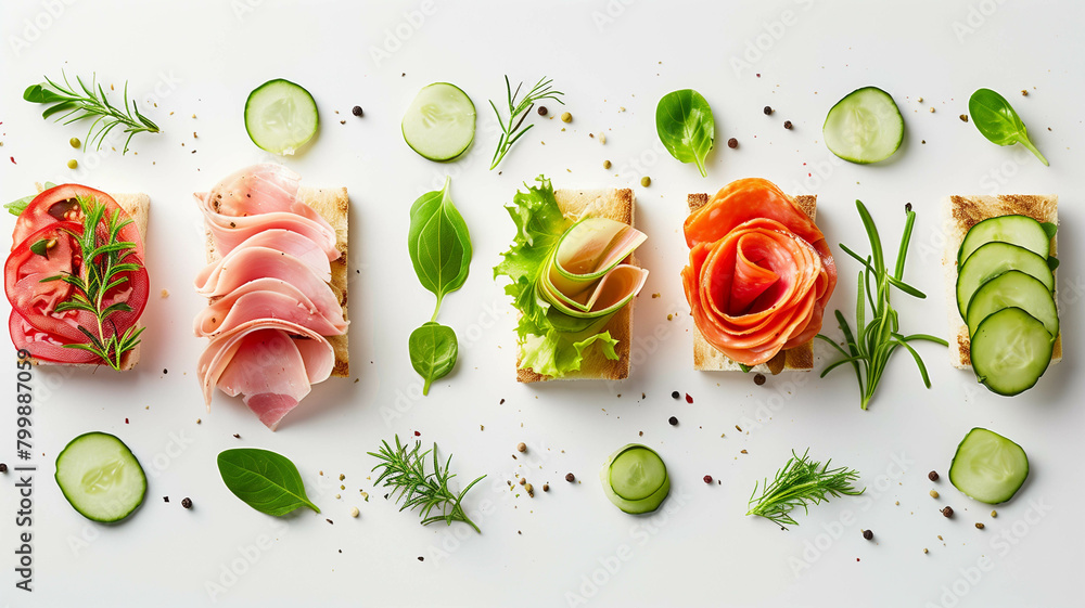 A minimalist composition focusing solely on the ingredients of a ham and vegetable sandwich, beautifully arranged on a plain white background. Ai generated A minimalist composition focusing solely on the ingredients of a ham and vegetable sandwich, beautifully arranged on a plain white background. Ai generated