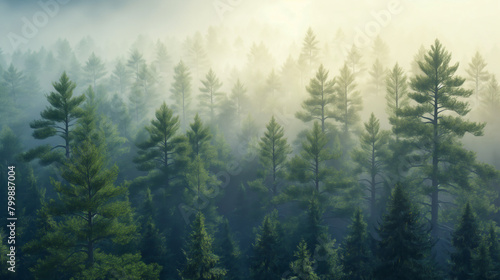 pine tree forest with fog and morning sunlight