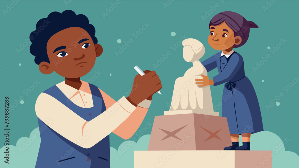 A young boy sculpting a statue of Harriet Tubman a symbol of strength and perseverance for the fight for freedom.. Vector illustration A young boy sculpting a statue of Harriet Tubman a symbol of strength and perseverance for the fight for freedom.. Vector illustration