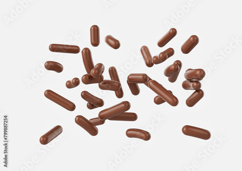 Chocolate Sprinkles For Cakes, Ice Cream And Desserts Falling On White Background 3D Illustration