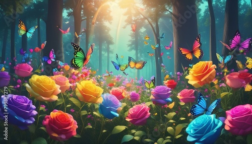  a whimsical illustration of a magical forest glade where yellow and rainbow roses bloom abundantly, attracting a kaleidoscope of butterflies with their sweet nectar.