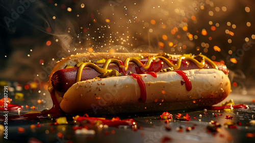 A tempting hot dog drizzled with spicy mustard, tangy ketchup, and tangy pickles, captured in a dynamic, action-oriented shot. Ai generated photo