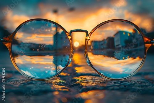 Visionary Cityscape Reflecting Sunset Through Glasses photo