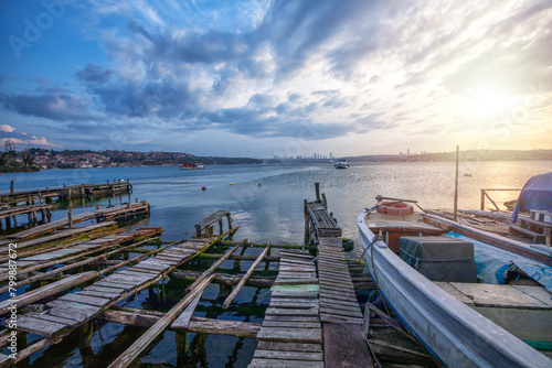 View of Beykoz coast and wooden piers. The Bosphorus coastal road runs up to Beykoz from Beylerbeyi (below the Bosphorus Bridge) and there are roads down to the coast from Fatih Sultan Mehmet Bridge.