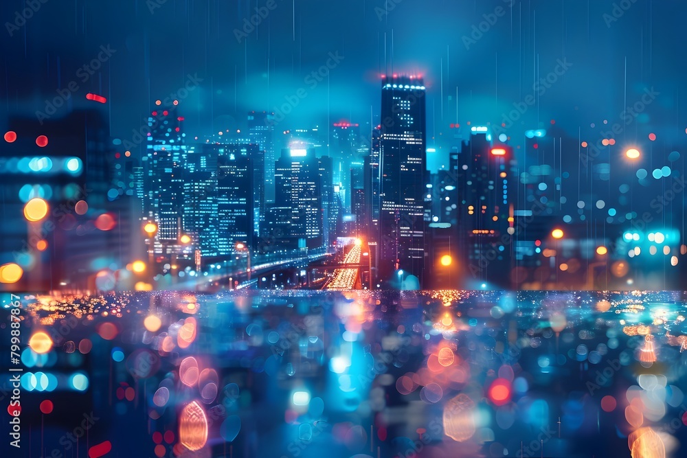 Dazzling Cityscape at Night - Vibrant Skyscrapers and Blurred Lights Illuminate an Urban Skyline