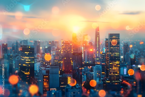 Vibrant Blurred Cityscape Backdrop of a Thriving Urban Center at Sunrise or Sunset