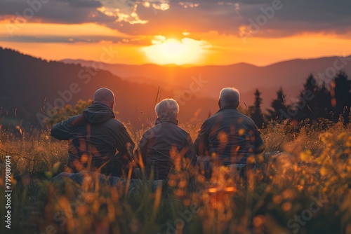 Aged Friendship Silhouetted Against a Dramatic Sunset Landscape