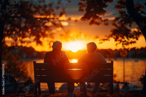 Peaceful Sunset Moments:Elderly Friends Sharing a Serene Lakeside Respite