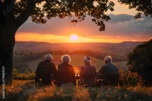 Mature Friends Enjoying Summer Sunset in Peaceful Countryside Retreat