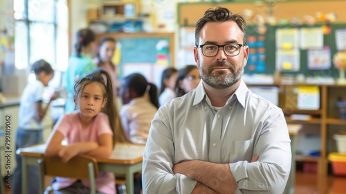 Elementary School Teacher Looking at Camera with Arms Crossed, Children at Desks Behind Him
