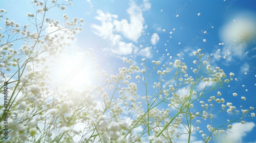 white baby's breath flowers pattern flying against sunny sky white baby's breath flowers pattern flying against sunny sky
