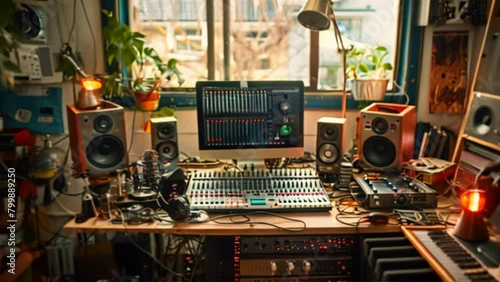 podcast production equipment, including mixers, soundproofing panels, and recording software in a home studio photo