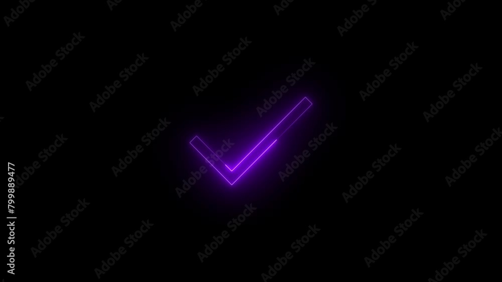 Neon glowing purple color check mark icon on black background animation Neon glowing purple color check mark icon on black background animation