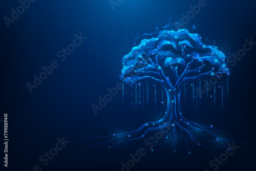 tree data storage technology on blue dark background. vector illustration fantastic design. database digital low poly dot and line.