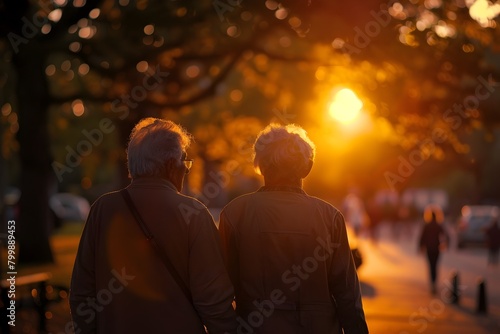 Older Adults Enjoying the Embrace of a Serene Sunset Stroll Through a Peaceful Park Landscape