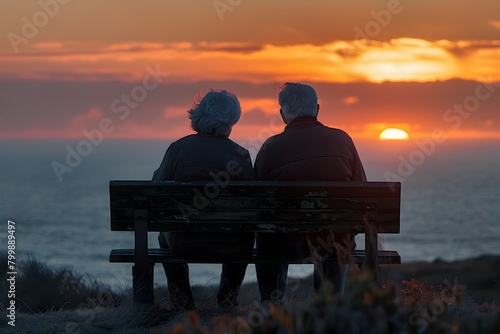 Retired Couple Enjoying Magnificent Sunset View from Coastal Bench
