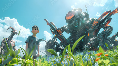 the child on a meadow In a verdant meadow, robotic, boy, Asian, age ten, roamed among ancient creatures.