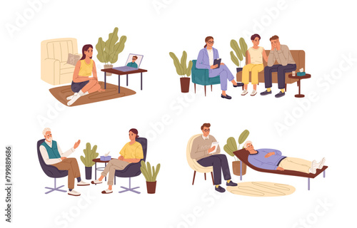 Psychotherapist sessions set. Family psychotherapy, online psychological counseling. Doctor does therapy for patients with mental disorders, problems. Flat isolated vector illustration on white © Paper Trident
