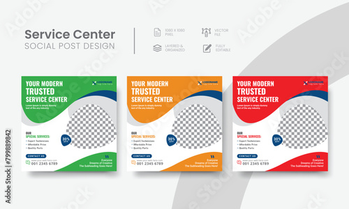 Service center social media post template for tech, & car repair creative banner ads. Functional servicing center social media flyer layout concept. Vol - 29