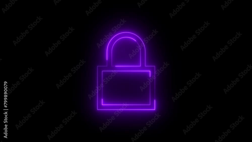 Neon glowing purple color security lock icon on black background animation Neon glowing purple color security lock icon on black background animation