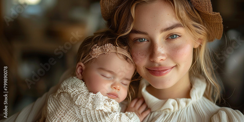 Portrait of a happy mom holding a sleeping infant in her arms. Loving mother and newborn baby