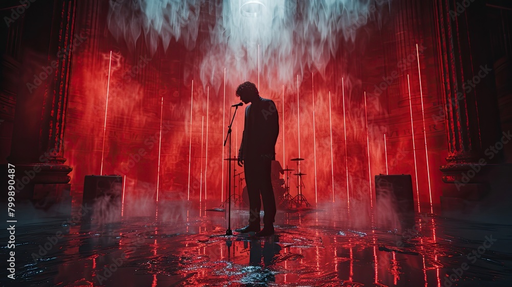Silhouette of a singer on stage with red background On the floor there was water. Give a mysterious mood