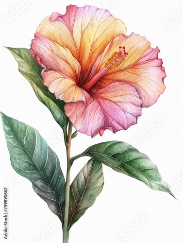 A detailed botanical illustration of a hibiscus flower  showcasing vibrant pink and yellow hues with lush green leaves.