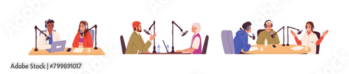 People recording audio podcast set. Men and women with microphones, headphones are on radio broadcasts. Characters are on talk show, interview. Flat isolated vector illustration on white background
