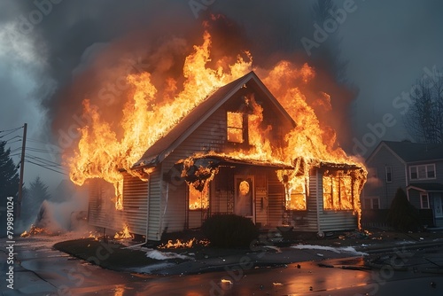 Dramatic Visuals of Residential House Engulfed in Intense Flames Due to Electrical Failure © TEERAWAT