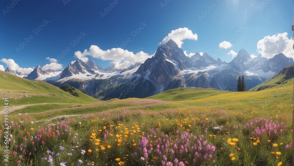 This is a photo of a mountain landscape. There are snow-capped mountains in the distance with green hills in the foreground. There are also many flowers in the foreground.

