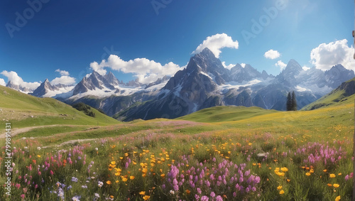 This is a photo of a mountain landscape. There are snow-capped mountains in the distance with green hills in the foreground. There are also many flowers in the foreground.