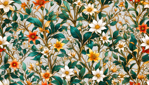 Hintergrund und Vorlage floraler Muster gleichmäßiger Struktur aus Blättern und Blüten glänzend wie buntes Bleiglas Glas mit Gold Einfasung 3D Ornament zur Gestaltung frischer Frühling Sommer Grüße