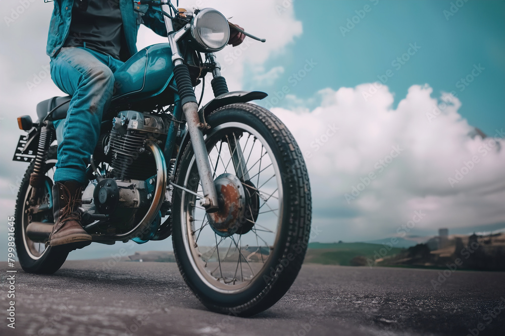 Obraz premium Motorcycle, travel and journey with man in city for freedom, driving and vintage.