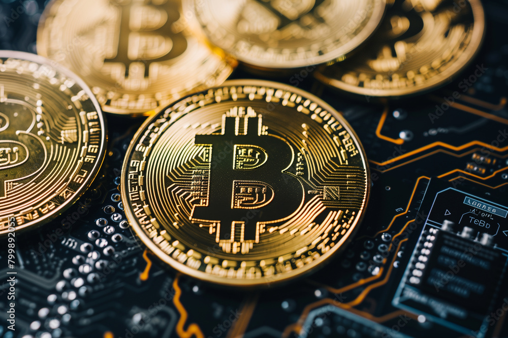 Stack of Bitcoin Coins on Electronic Circuit Board Depicting Wealth Stack of Bitcoin Coins on Electronic Circuit Board Depicting Wealth
