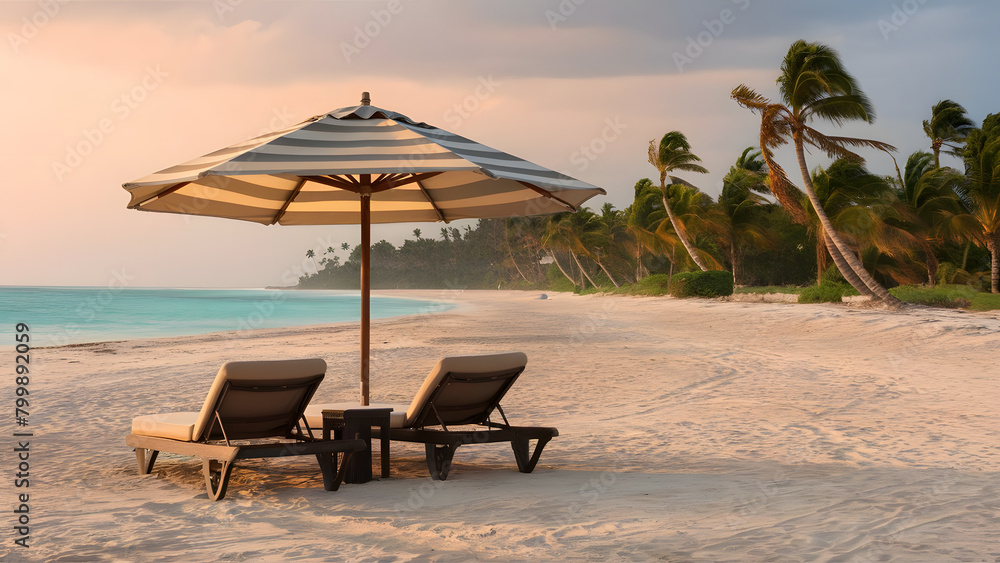 Obraz premium Tranquil Beach Sunset with Colorful Umbrella and Lounge Chairs