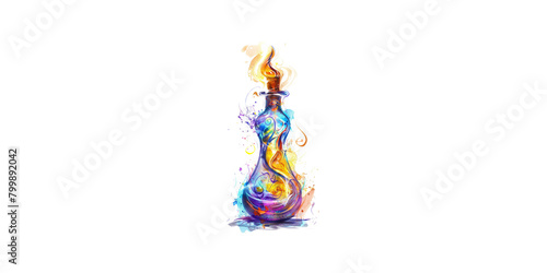  alchemist flask, smoke rising from it, colorful ink splashes around the bottle on a white background