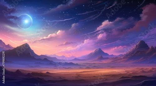 Surreal Twilight Mountainscape with Planetary Visions