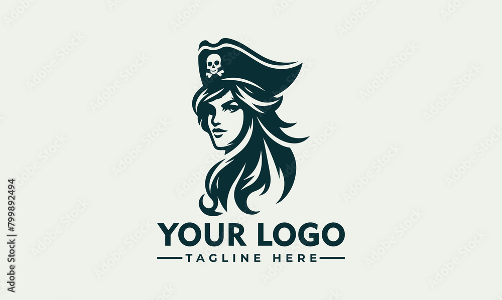 Female pirate woman crossed badge vintage logo line art concept black and white color hand drawn vector illustration logo