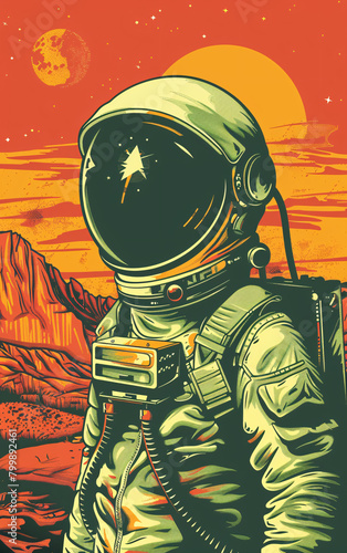 astronaut in a space suit stands amidst the barren, reddish landscape of Mars, with a distant Earth rising in the background