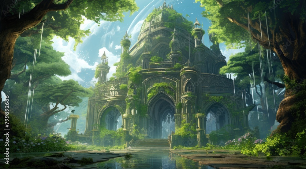 Mystical Enchanted Forest Temple in Sunlit Serenity Mystical Enchanted Forest Temple in Sunlit Serenity